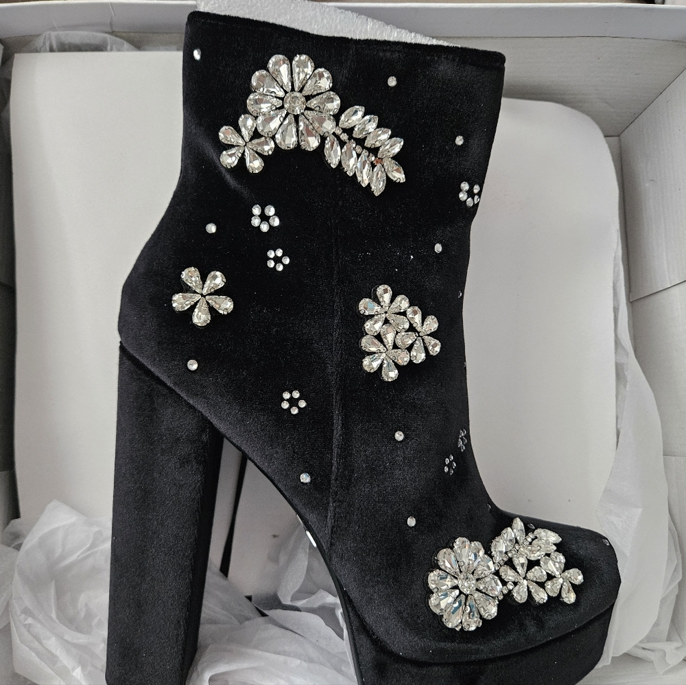 Express Velvet Rhinestone Platform Heel Boots